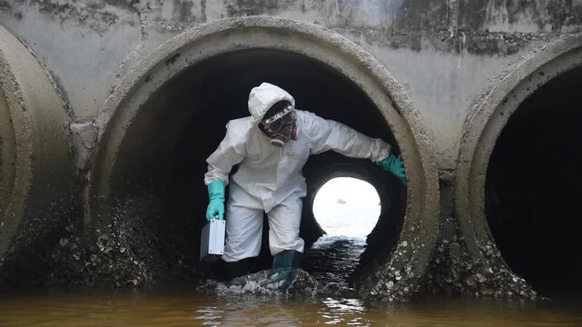 Scientist wearing protective uniform and glove under working water analysis and water quality by get waste water to check case in laboratory is environment pollution problem concept.