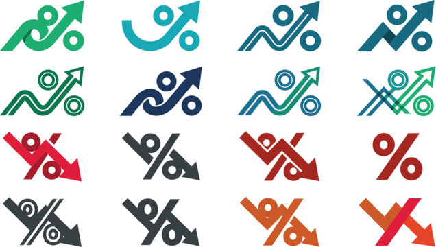 &bull; Financial growth and loss vector icon set featuring creative percentage symbols integrated with upward rising and downward falling arrows.