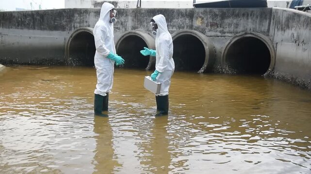Scientist wearing protective uniform and glove under working water analysis and water quality by get waste water to check case in laboratory is environment pollution problem concept.