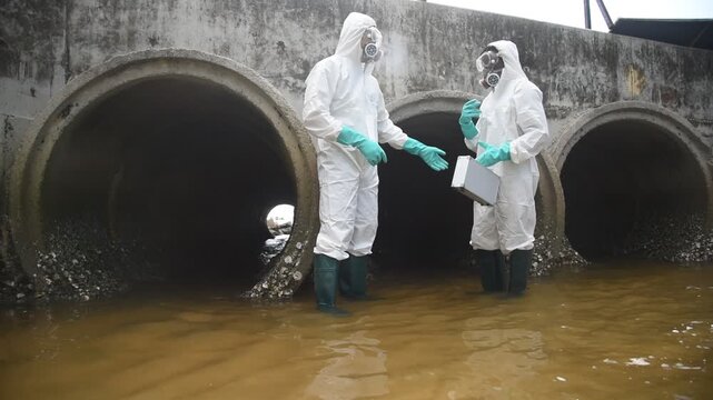 Scientist wearing protective uniform and glove under working water analysis and water quality by get waste water to check case in laboratory is environment pollution problem concept.