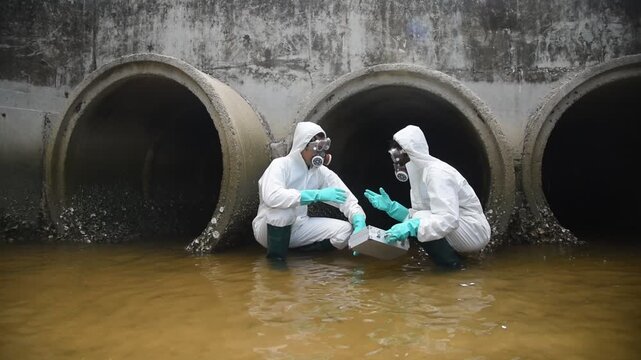 Scientist wearing protective uniform and glove under working water analysis and water quality by get waste water to check case in laboratory is environment pollution problem concept.