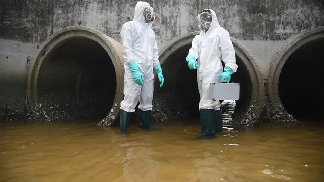 Scientist wearing protective uniform and glove under working water analysis and water quality by get waste water to check case in laboratory is environment pollution problem concept.