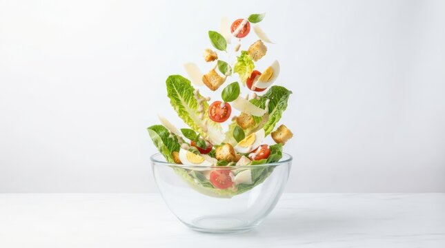 Fresh caesar salad ingredients floating above a glass bowl isolated on white background