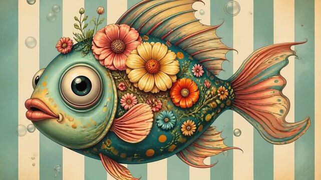 surreal fantasy cartoon fish with flowers on striped background motion