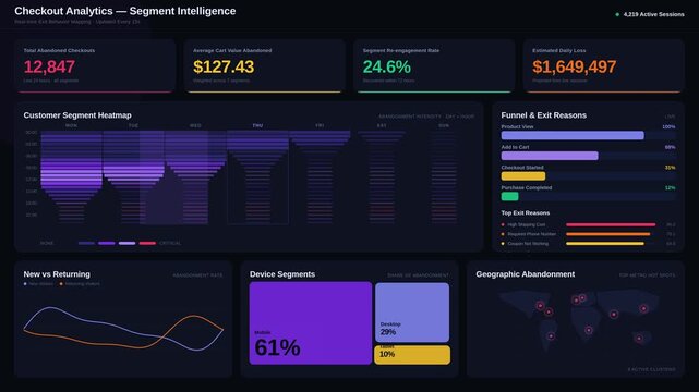 Explore a visually engaging abandoned checkout analytics dashboard featuring customer segments and exit reasons with a dark mode design and animated metrics for enhanced insights.