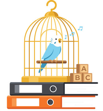 Cute Blue Budgerigar Bird Singing Inside Golden Cage Placed on Top of Stacked Folders and Alphabet Blocks Vector Graphic Design