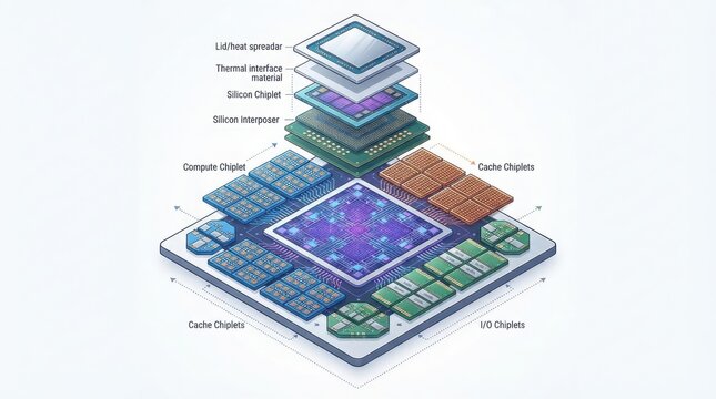 An Exploded Isometric View Showing Advanced Semiconductor Chiplet Architecture And Internal Components
