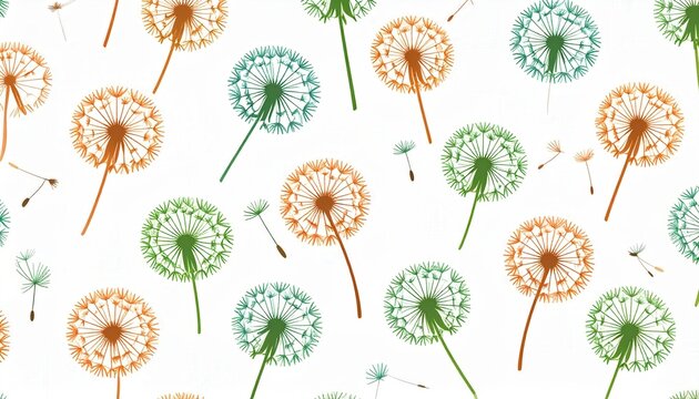 Nature pattern and spring growth dandelion seeds floating in air with orange and green floral elements for seasonal background and botanical design
