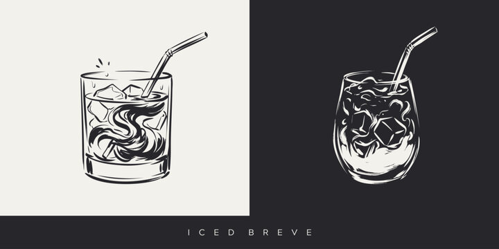 Iced Breve coffee with milk swirls and straw hand drawn sketch illustration set