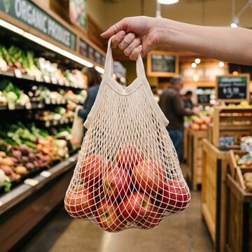 Person holding a reusable string bag filled with fresh vegetables in store