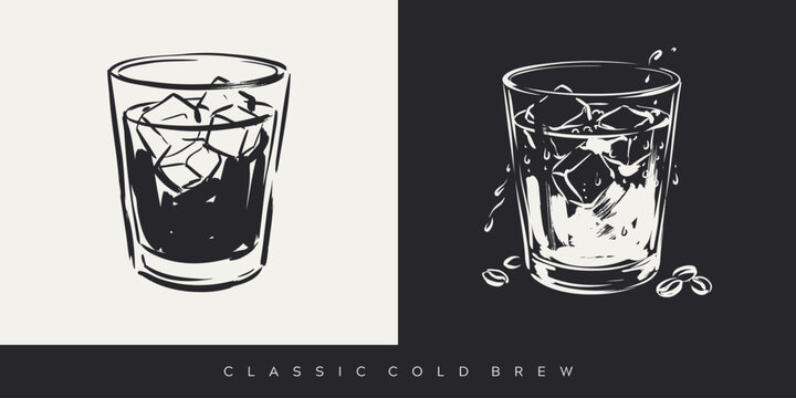 Hand drawn cold brew iced coffee glass sketch with ice cubes and coffee beans