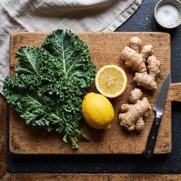 Fresh green kale with lemon and ginger root on a wooden cutting board