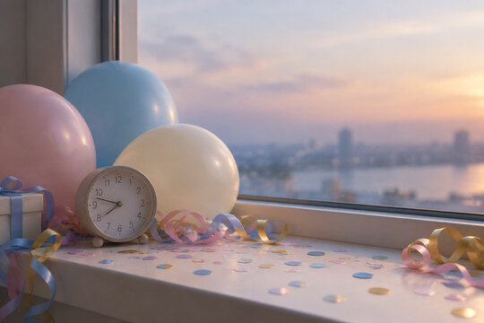 Window ledge with clock, balloons and confetti, New Year's Eve countdown and party preparation concept