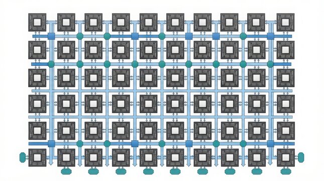 A schematic diagram showing a large grid of interconnected computer processor chips
