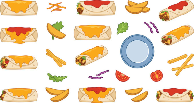 Tex Mex cuisine enchilada vector illustration collection with stuffed meat wraps cheddar cheese glaze salsa toppings and fast food side dishes for restaurant menu designs