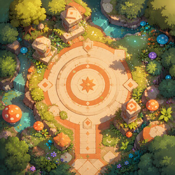 Top-down view of a magical fantasy stone circle in an enchanted forest with glowing mushrooms and streams
