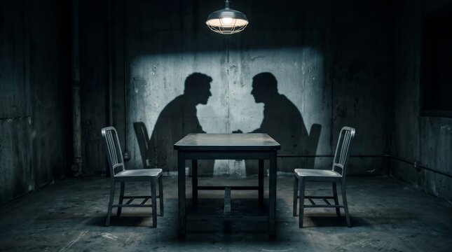 Empty Interrogation Room with Men Shadows on Concrete Wall Police Investigation Concept