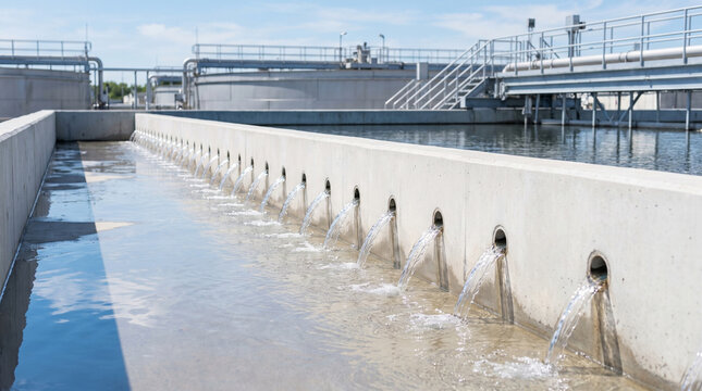 Water flowing from outlets at water treatment plant