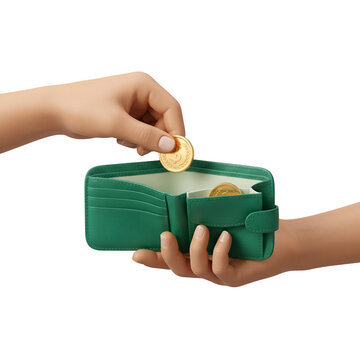 3D Hand Putting Gold Coin into Green Leather Wallet Isolated