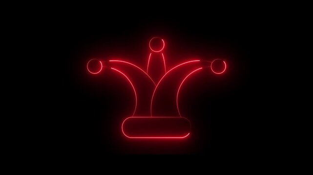 Neon glowing red color Jester joker Hat Icon Animation on Black Background. Neon Clown Hat with Bells. Casino gambling. Colorful Circus Festival, Masks and Party Elements. 