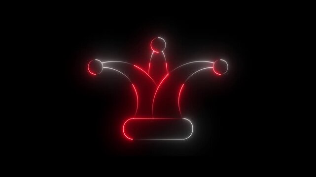 Neon glowing red and white color Jester joker Hat Icon Animation on Black Background. Neon Clown Hat with Bells. Casino gambling. Colorful Circus Festival, Masks and Party Elements. 