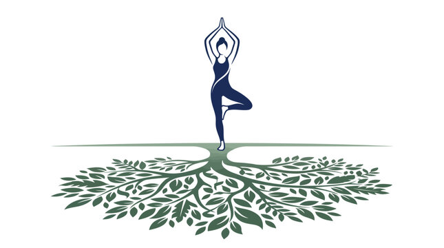 Yoga tree pose silhouette, woman balancing on green leaf roots, wellness concept vector