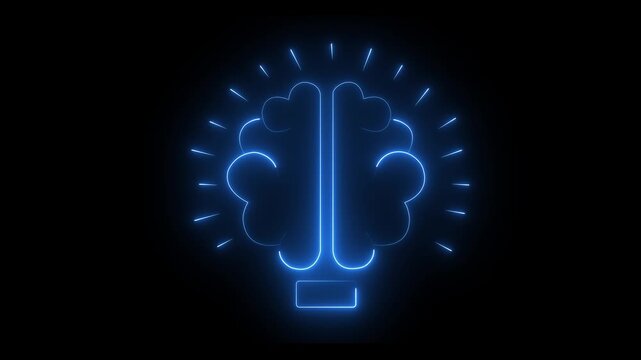Neon glowing light bulb that have a glowing human brain Glowing neon blue color light bulb icon on black background .