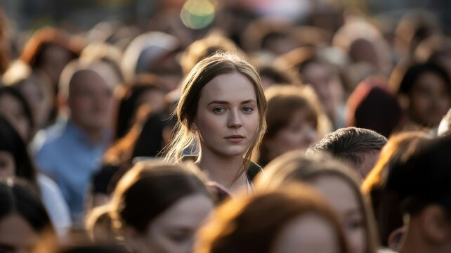 Young woman standing in the middle of a large crowd looking at the camera with calm expression