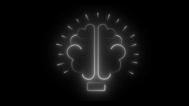 Neon glowing light bulb that have a glowing human brain Glowing neon white color light bulb icon on black background .