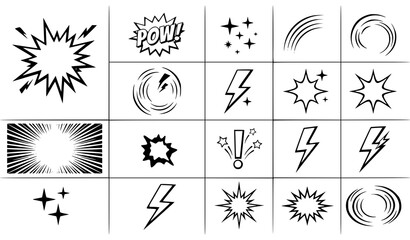 Comic Explosion and Energy Burst Icons Set – Lightning, Sparkle and Dynamic Action Symbols © Salma