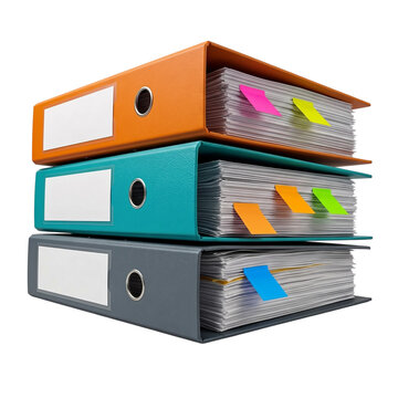 Neat stack of colorful office folders with bright sticky notes attached