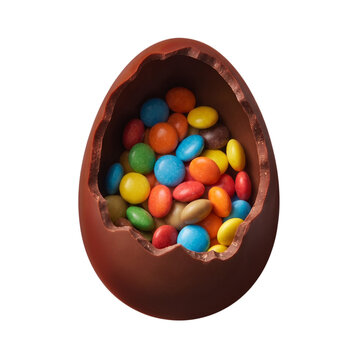 Chocolate easter cracked showing colorful candy inside shell