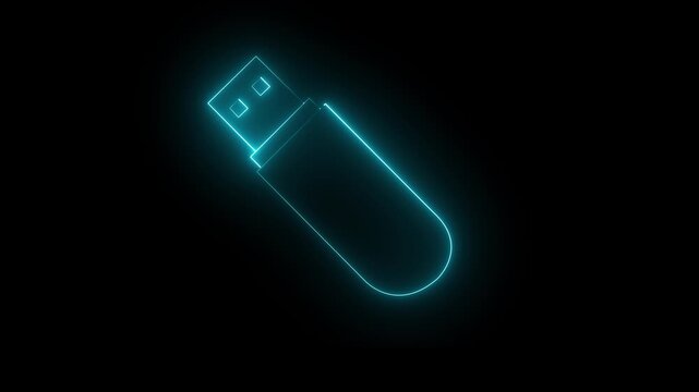 Glowing neon blue color USB pen drive icon isolated on black background. USB Drive icon animation.