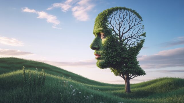 Human head shape formed by a tree growing in a peaceful green grassy field under blue sky