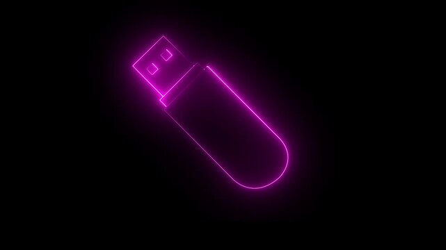 Glowing neon pink color USB pen drive icon isolated on black background. USB Drive icon animation. 