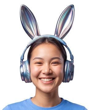 Smiling Asian young woman wearing futuristic iridescent bunny ear headphones for easter