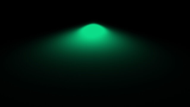 Bright glowing green light beam shining down from above in total darkness creating a soft circular spot on the floor with a mysterious atmosphere and a vibrant neon color effect for artistic projects