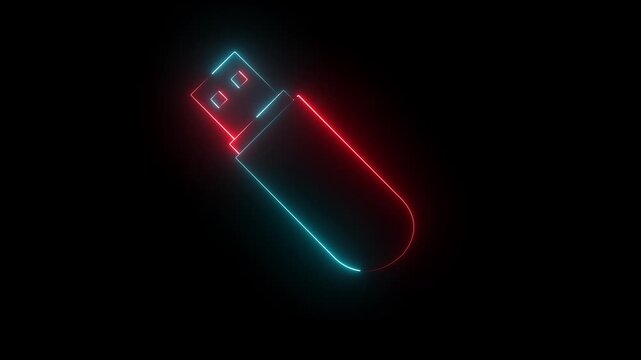 Glowing neon red and blue color USB pen drive icon isolated on black background. USB Drive icon animation.