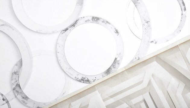 Minimalist abstract composition of three overlapping white marble rings with subtle gold and copper veining, arranged in a row above a geometric white paper-fold surface with diagonal zigzag pleats, s