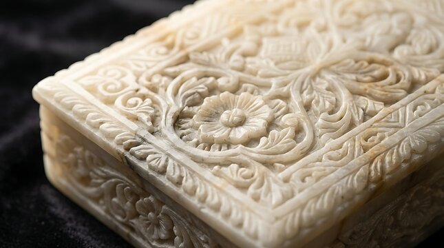 A close-up view of an intricately carved alabaster box featuring detailed floral patterns on a dark textured background