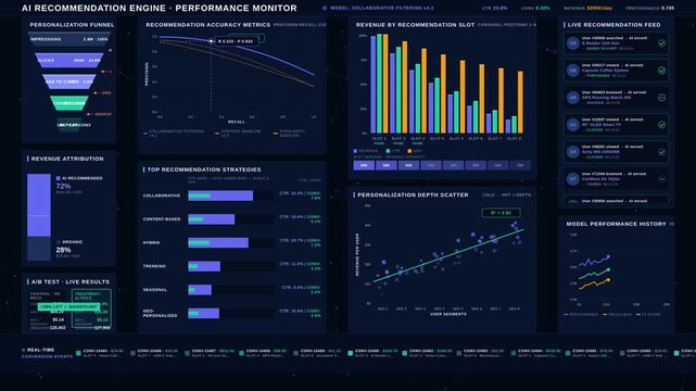 Explore an advanced AI product recommendation performance dashboard featuring dark mode, vibrant metrics, and organic animations reflecting personalization and revenue tracking.