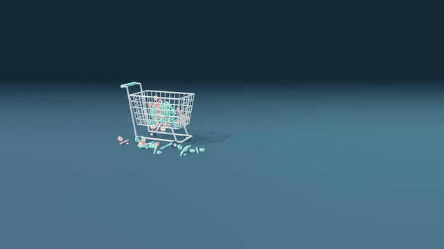 Shopping cart filled with falling percentage symbols, concept for discounts