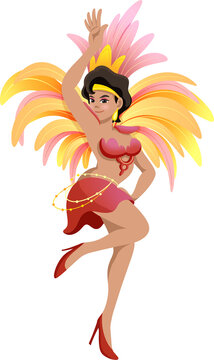 Beautiful Brazilian Carnival Samba dancer woman in colorful feather costume performing for festival celebration