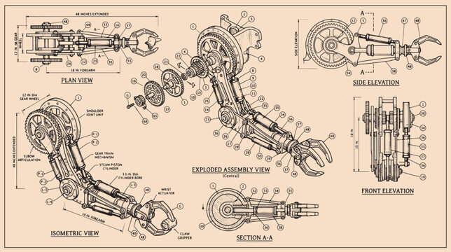 Steampunk mechanical arm blueprint, vintage robotic assembly technical drawing, industrial engineering schematic on parchment