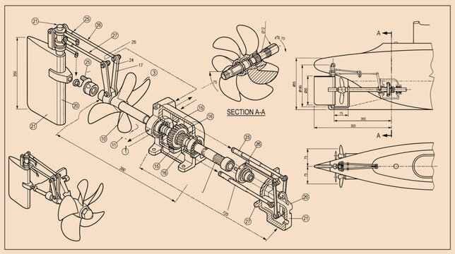 Vintage technical blueprint of marine propeller assembly, industrial engineering schematic on sepia paper, mechanical boat engine vector