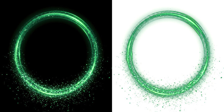 Png of green glowing magic circle with sparkles and particles, abstract light effect frame, isolated on transparent background