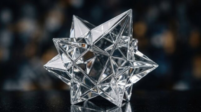 Polyhedral glass star sculpture resting on a reflective dark surface with bokeh