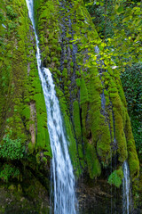 Kaghu Waterfall, located in the Samegrelo region of Georgia, A vibrant waterfall cascades down a mossy stone © k_samurkas