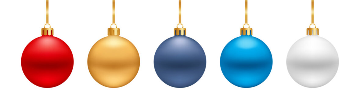 Five Christmas ornament balls hanging on gold ribbon, vector illustration