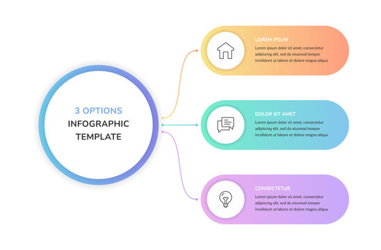 Three option infographic template with a central circle and curved connectors branching to three infographic banners. 3 options diagram or chart. Vector template